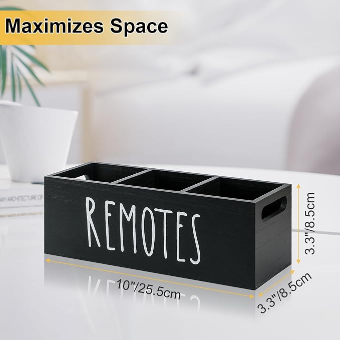 Remote Control Holder, Wooden TV Remote Holder for Table, Remote Caddy Organizer with 3 Compartments, Media Storage Box for Nightstand, Couch (Black)
