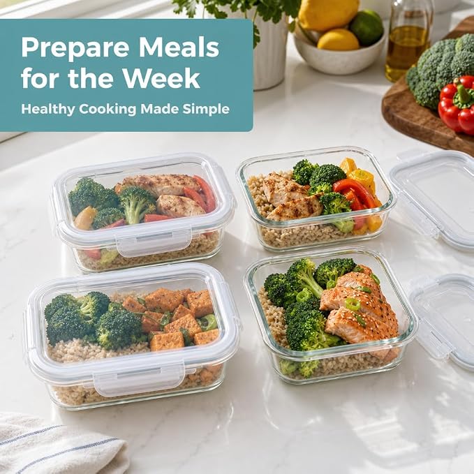 otis classic Glass Food Storage Containers With Locking Lids - Meal Prep Containers - Lunch Bento Boxes - 1 Compartment - 4pk-28oz Box Set - Transparent Lids - BPA Free and Dishwasher Safe