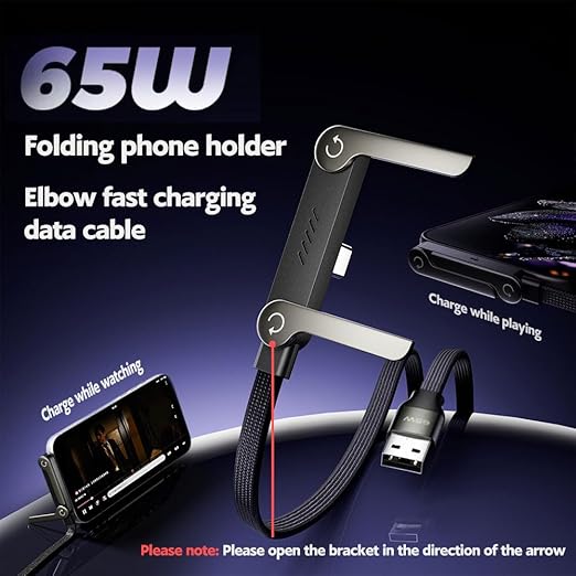 NKV USB A to USB C Cable， 65W Fast Charging Cable 5 FT， Invisible Stand Charging Cable，Flat USB c Cable,USB c Cable Right Angle，for iPhone 17 Series, Samsung Galaxy S25 S24 Ultra etc (Black)