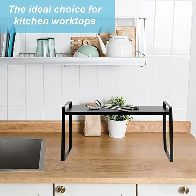 AHANDMAKER Adjustable Pantry Organizers Shelf Expandable 13.78 to 25.59inch Heavy Duty Alloy Freestanding Organizer for Under Sink Countertop Home Storage, Black
