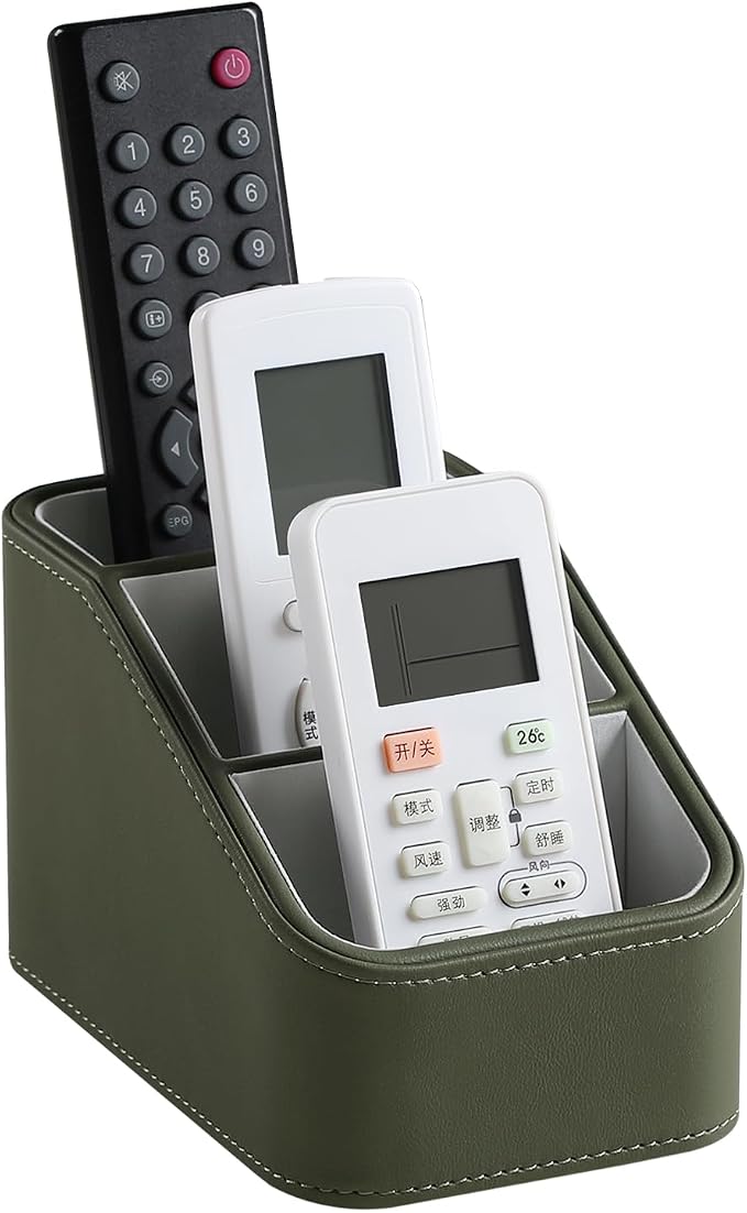 3 Compartments PU Leather Remote Control Holder, TV Remote Holder for Couch | Small Pen Desk Organizer for Office Bedside Living Room, Remote Caddy Nightstand Organizer