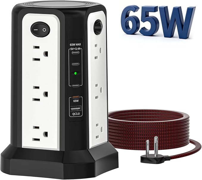 PASSUS PD65W USB C Fast Desktop Power Strip Surge Protector | Desktop Charging Station, 12 AC Outlets|4 USB C|1 USB A, 10FT Extension Cord with Overload Protection for Home Office Dorm