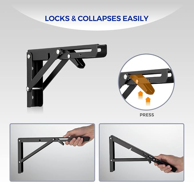 Ravinte Matte Black Folding Shelf Brackets, 8 Inch, 2 Pack | Collapsible Bracket Design, Table And Bench Support, Space-Saving Shelf Setup, For Worktops, Laundry Rooms, Garage Projects