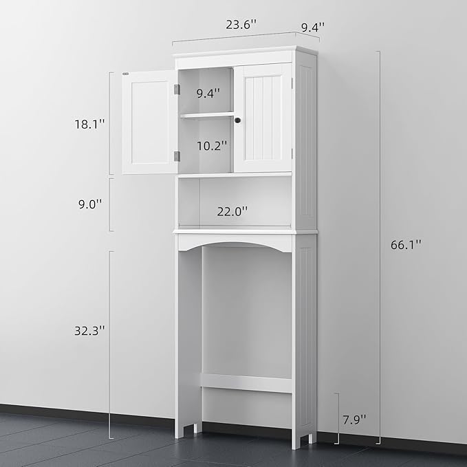 Bealife Over The Toilet Storage Cabinet with Open Shelf - White | Over Toilet Bathroom Organizer with Adjustable Shelf and Double Doors, Space Saver Free Standing Storage Shelf for Bathroom