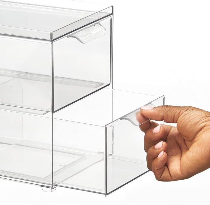 mDesign Stackable Storage Containers Box with 2 Pull-Out Drawers - Stacking Plastic Drawer Bins for Closet Organization, Linen, Coat, Bedroom or Entryway Closets - Lumiere Collection - 4 Pack, Clear