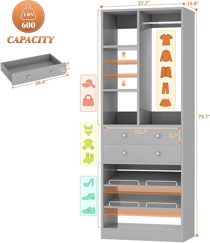 Besiost Small Closet System, 28"/2.3 FT Wood Closet Organizer System with Drawers and Shelves, Walk-in Closet Systems for Small Closets, Free Standing Reach in Closets Tower, Morandi Grey