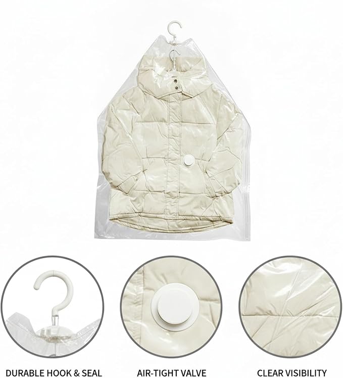 Clear Hanging Vacuum Storage Bag with Hook, Space Saver for Coats & Comforters, 35.4 x 27.6 In, Reusable Closet Organizer (1 Pack)