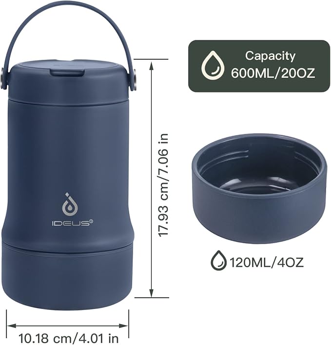 Ideus Soup Thermo with Foldable Spoon and Bowl 20oz, All-in-one Insulated Bento Lunchbox Stainless Steel Leakproof Portable Soup Container Vacuum Thermal Food Jar for Lunch, Navy Blue