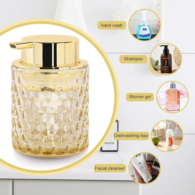 10 Oz Glass Hand Soap Dispenser with Pump, Refillable Bathroom Gold Foaming Soap Dispenser, Vintage Glass Diamond Lotion Container Bottle for Bathroom and Kitchen (2, Amber and Gold)