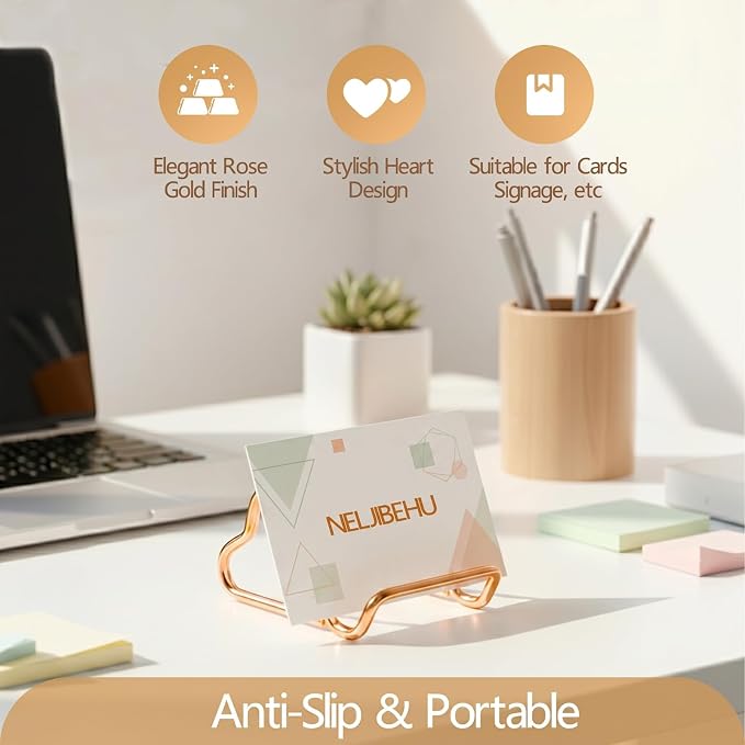 2 Pcs Cute Rose Gold Metal Heart Business Card Holder for Desk | Metal Heart Business Card Display Stand, Pretty Desk Organizer and Cute Desk Accessories for Office Desktop