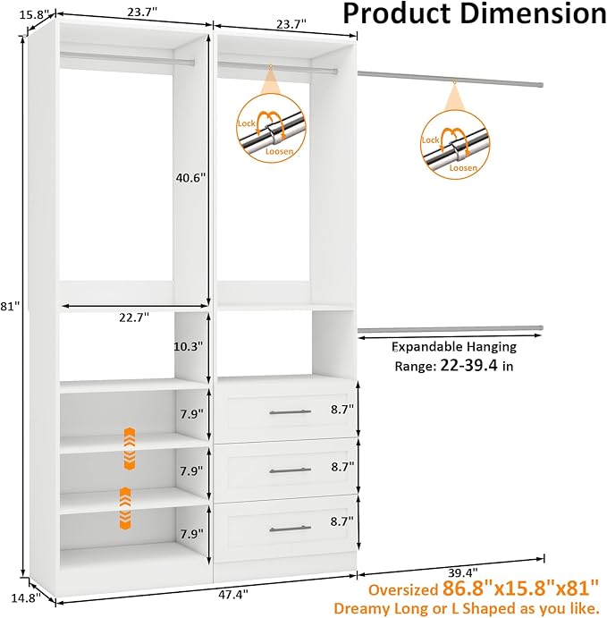 Vomavex Closet System with Drawers of 2 Sets, 4FT-10FT Walk in Closet Organizers and Storage with Hanging Rods & Adjustable Shelves, Free-Standing Modular Closet Systems, White