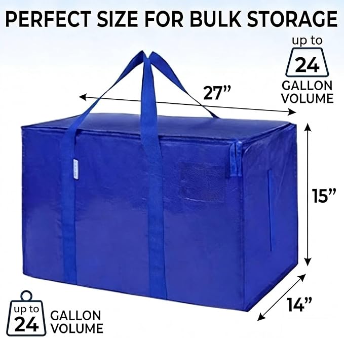 Extra Large Heavy Duty Moving Bags - 2 Pack Storage Tote Bag Bins with Zippers & Carrying Handles, 24 Gallons, Reusable Moving Boxes for Clothes, Bedding & Home Organization