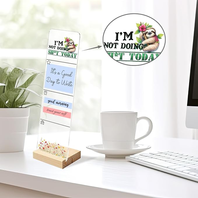 Sticky Note Holder, Monitor Memo Board, Acrylic Post It Note Holder with Wooden Base, Includes 200 Notes, Desk Organizer, Funny Sloth Quote “I’m Not Doing Sh*t Today”