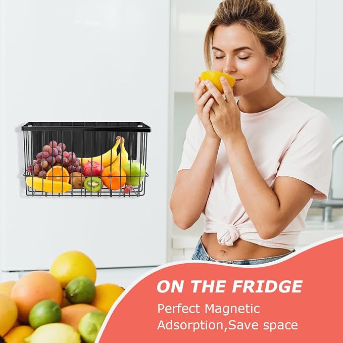 Magnetic Basket Organizers, Dryer Ball Holder Laundry Room Organization Whiteboard Metal Wire Basket with Hooks, Space-Saving Fridge Spice Rack for Sponge Recipe Wrap