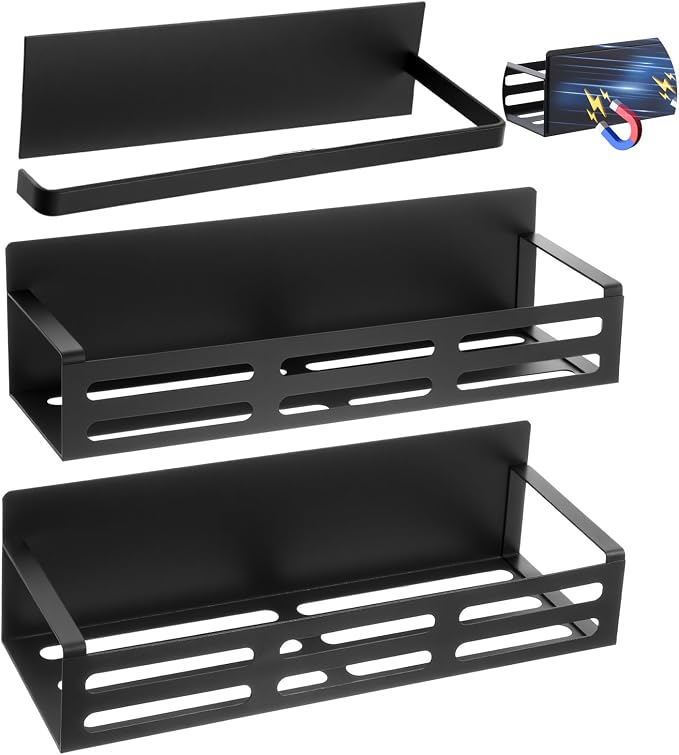 3 Pack Magnetic Spice Rack for Refrigerator with Paper Towel Holder, Black Rustproof Fridge Organizer, Strong Magnetic Kitchen Storage Shelves