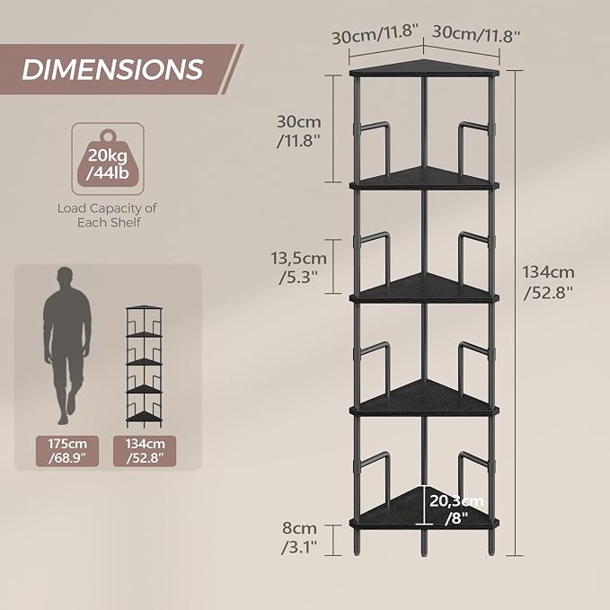 MAHANCRIS 5-Tier Corner Shelf, 52.8" Tall Corner Bookshelf with Metal Frame, Narrow Display Shelf Stand, Industrial Corner Bookcase for Living Room, Bedroom, Home Office, Black CSBK5501