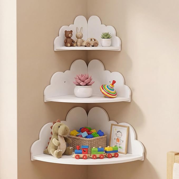 Novabright 3 Pack Cloud Floating Corner Shelves, 9/10/12 Inch Wall Mounted Corner Shelves for Room & Nursery Decor, Cute Cloud Display Shelf for Storage, Plants, Books & Small Decor