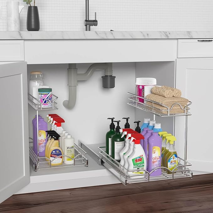 OCG Under Sink Cabinet Organizer Two Tier Pull Out Shelf (14.75W x 21D), Under Sink Sliding Shelf for Kitchen Bathroom Cabinet 2 Tier Chrome