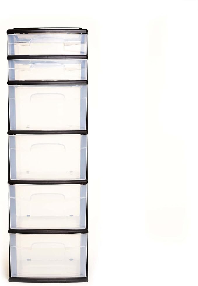 HOMZ Drawer Tower, 6-Tier Clear Plastic Storage Organizer Cart, Black Frame - Heavy-Duty Organizing Drawers for Home, Bedroom, and Closet Organization