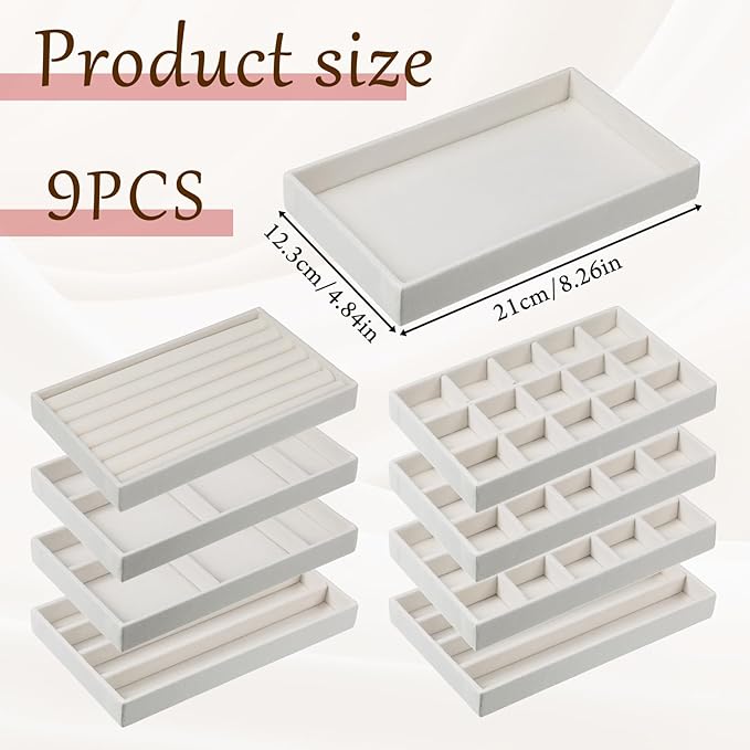 9 Set Velvet Jewelry Drawer Organizer Inserts, Stackable Jewelry Organizer Trays with Removable Dividers, Jewelrys Storage Display Tray, for Earring Ring Necklace Watch Bracelet, Beige
