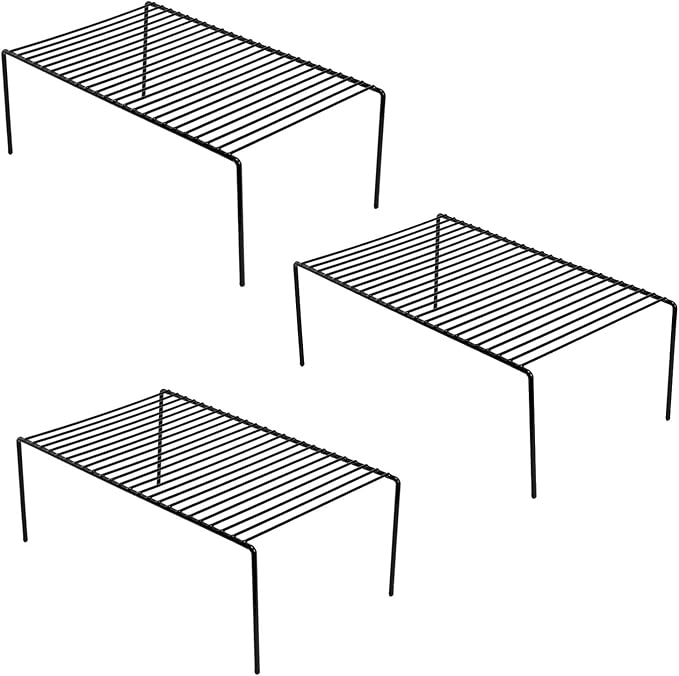 Kitchen Cabinet Shelf Organizer Set of 3, Large (15.7 x 9.4 inch) Metal Wire Pantry Storage Shelves, Dish Plate Racks for Cabinets, Freezer, Counter, Cupboard Organizers and Storage, Black