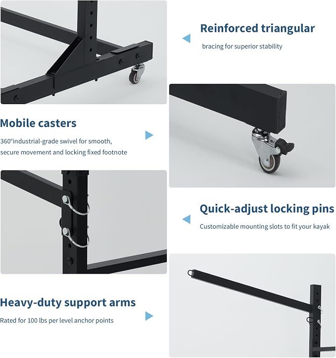Freestanding Kayak Storage Rack with Wheels, Adjustable Kayak Racks for Garage and Outdoor, Heavy Duty Kayak Stands for Canoes, Kayaks, SUP and Surfboards