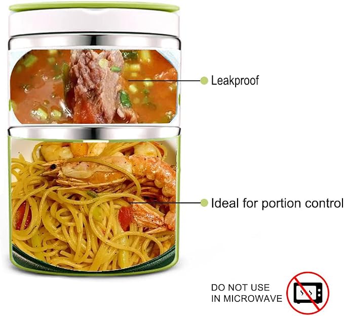 Lille Home 2 Tier Vacuum Insulated Stainless Steel Thermal Lunch Box,32OZ | 2 Tier Bento Food Container with Lunch Bag, Leakproof Wide Mouth Bento Box for Cold/Warm Food, Portion Control, Green