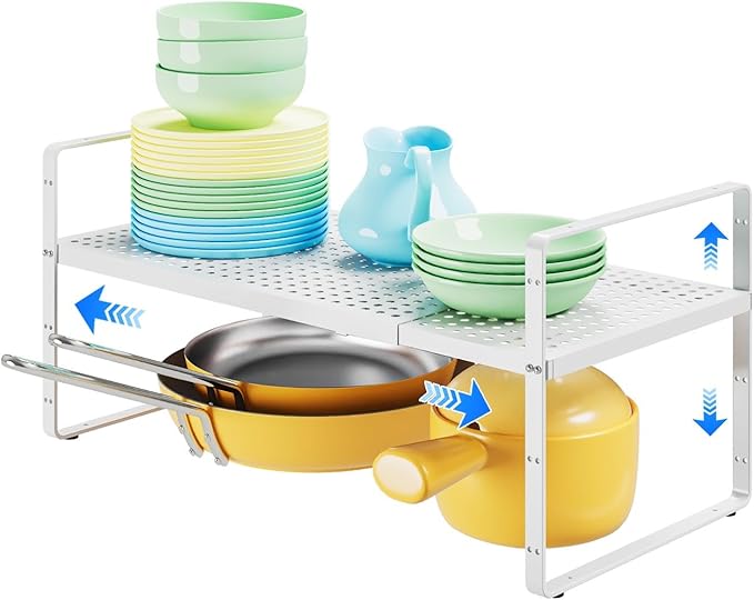 Expandable Kitchen Shelf Organizers, Kitchen Cabinet Organizer Stand Rack Organization for Countertop Cupborad Pantry Spice Rack, White 1 Pack