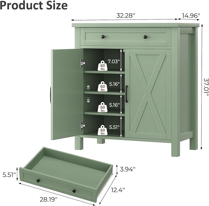 Farmhouse Shoe Storage Cabinet, 5-Tier High Boots Organizer with Adjustable Shelves, Large Drawer & Barn Doors, Entryway Shoe Rack for Hallway Living Room, Green