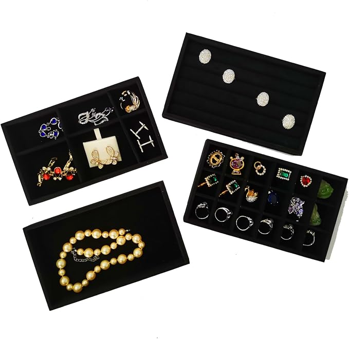 Stackable Jewelry Trays Velvet Drawer Organizer Inserts Tray Jewelry Storage Display Case for Rings,Stud Necklaces,Earrings (Black)