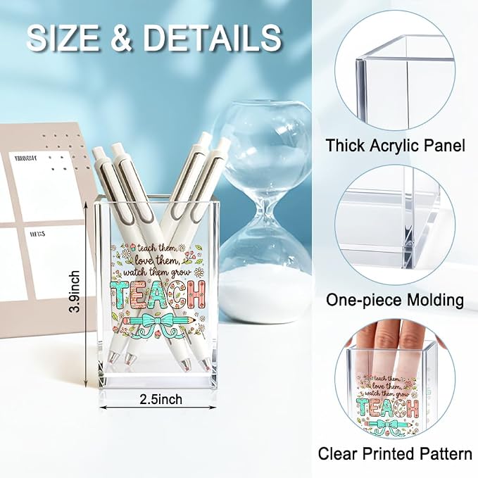Teach Them Love Them Watch Them Acrylic Cosmetic Pencil Holder Cup, Floral Books Pen Holder for Home Office Desk Accessories for Teacher, Pen Organizer, Funny Teacher Work Gifts, Teach Present