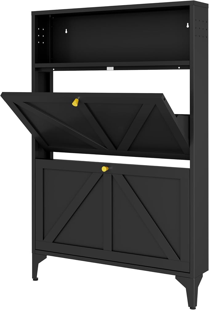 Shoe Cabinet with 2 Flip Drawers and Open Top Space-Metal Narrow Shoe Rack for Entryway,Hallway,Living Room-Hidden Metal Shoe Cabinet-Freestanding Shoe (2 Door, Black)