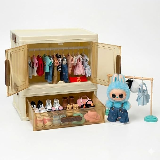 All in One Organize Kits Wardrobe Compatible with Labubu, Include Hangers,Clothes Rack &Stand, Display Case for Outfit Storage and Accessories Arts and Crafts Supplies,Closet Furniture Organizer