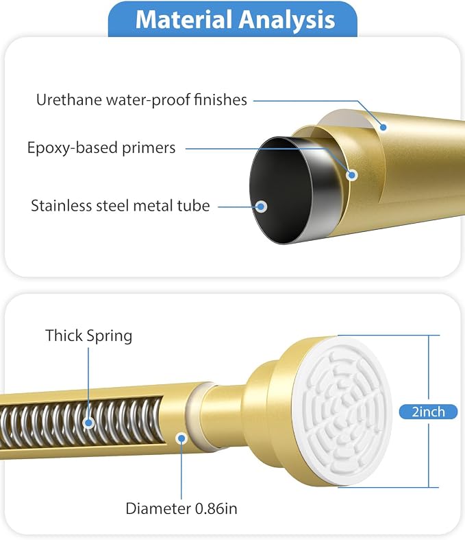 Tension Curtain Rod No Drilling Gold Spring Tension Rods for Windows 31 to 75 Inch Adjustable Curtain Rod Expandable Pressure Curtain Rod Shower Rods for Bathroom,Kitchen,Doorway