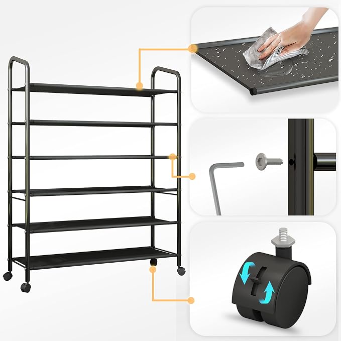 Tall 6-Tier Metal Shoe Rack,Non-Woven Fabric Shoe Shelf,Large Storage Racks with Locking Wheels,Rolling Shoe Storage Organizer Shoe Stand Holders,for Garage Closet Dorm,Black