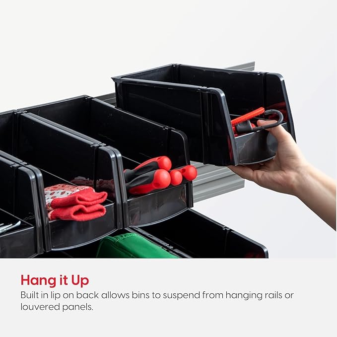 IRIS USA Small Stackable Storage Bins, 12-Pack, 7.5 x 4.5 x 3 inch, |Made in USA|, Plastic Open Front Shelf Bin for Organizing Parts, Hardware, Tools, Supplies, Garage Shelf, Pantry - Black