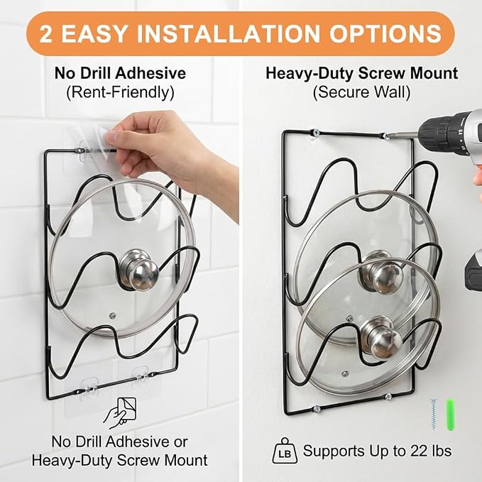 6-Tier Pot Lid Organizer Rack, 2 Pack 3-Slot Kitchen Pot Lid Holders | Rustproof Pan Lid Organizer for Cabinet Door and Wall, 6 Adhesive Hooks and 8 Screws Wall Anchors Set, 2 Installation Ways