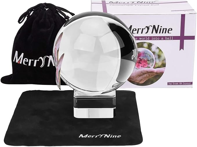 MerryNine 80mm/3.15" Photograph K9 Crystal Ball with Stylish Metallic Stand and Microfiber Clean Cloth, Decorative and Photography Accessory (Clear-Clear)
