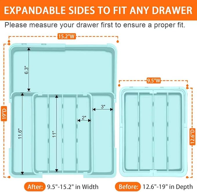 Spaclear Silverware Organizer - Expandable Silverware Drawer Organizer Adjustable Drawer Organizer, Silverware Tray for Drawer15.2"x 19" Cutlery Drawer Organizer, Kitchen Organizers Storage, Turquoise
