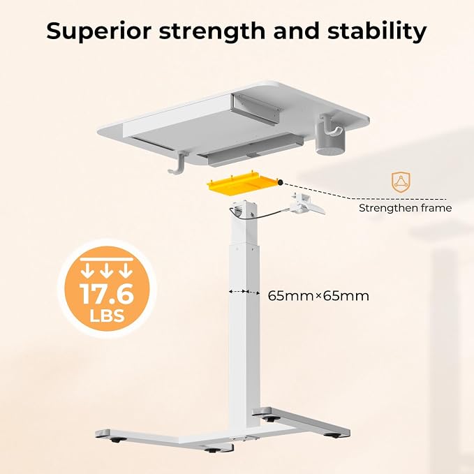 28" Mobile Standing Desk with Drawer, Portable Laptop Desk | Rolling Desk with Cup Holder & Hooks, Height Adjustable Computer Cart on Wheels for Classroom, Study Desk with Storage, White