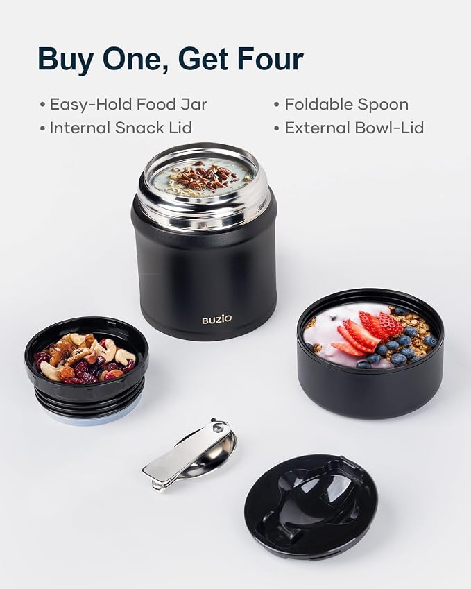 BUZIO Kids Food Jar 10 oz, Stainless Steel Lunch Container for Hot & Cold Food, Leak Proof Food Jar with Folding Spoon for School Office Travel, Black