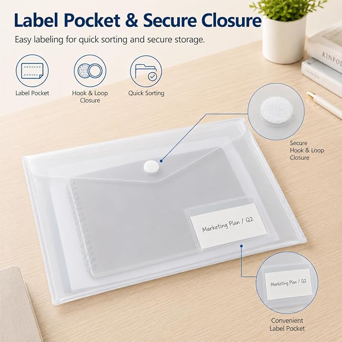 10 Pack Clear Folders for Documents Plastic Folders with Label Pockets, Waterproof Poly File Folders, Plastic Envelopes with Hook and Loop Closure, Letter Size/A4 for Teacher School Office Home