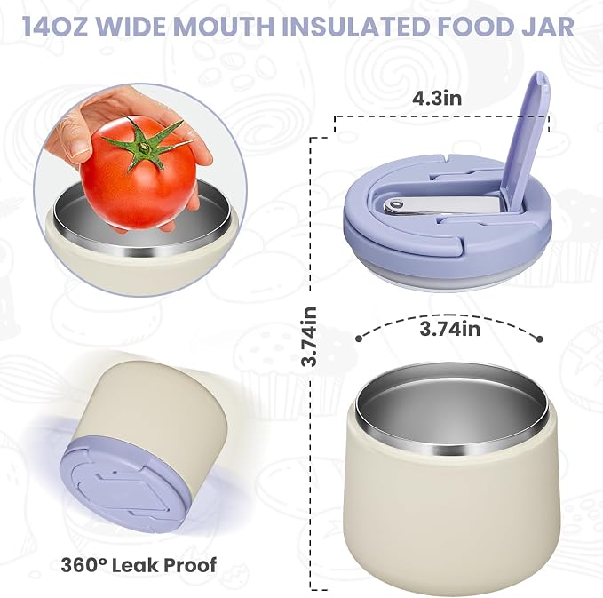 Itslife Soup Thermo for Hot Food Kids 25.5oz Lunch Containers with Buckle Lid Wide Mouth Hot Food Jar Vacuum Insulated Stainless Steel Bento Box Leakproof with Spoon (M-white3, 14oz)