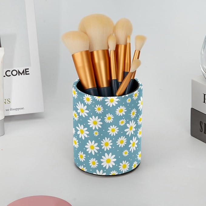 Daisy Flowers Pen Holder Pencil Organizer for Desk, 3.1” x 3.1” x 3.9” Pencil Cup Office Supplies, Large Capacity Cute Pen and Makeup Brush Holder for Home, School, Desktop