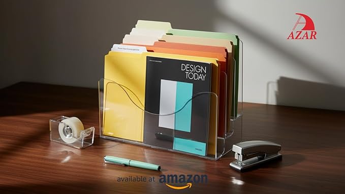 Azar Displays 250099 Three Tier File and Brochure Desktop Wall Organizer Holder with Dividers Brochure Display Stand Acrylic Holder, Fits 8.5" x 11" Files, Clear, 1 Pack