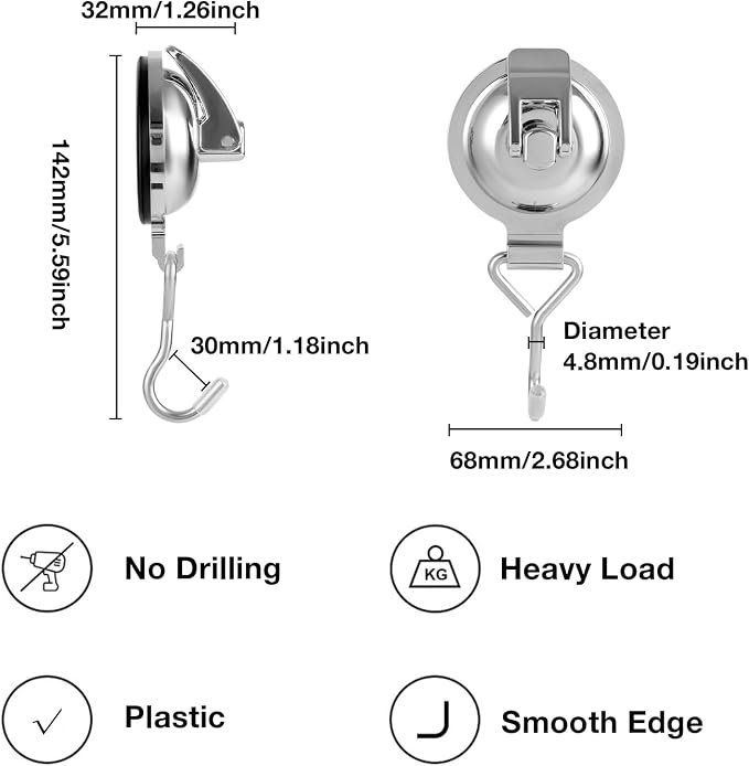 Heavy Duty Vacuum Wreath Cup Adhesive Hook，Hanging 13 lbs Robe Towel Hooks, Super Suction for Kitchen，Bathroom and Restroom (Round Silver, 2Pack)