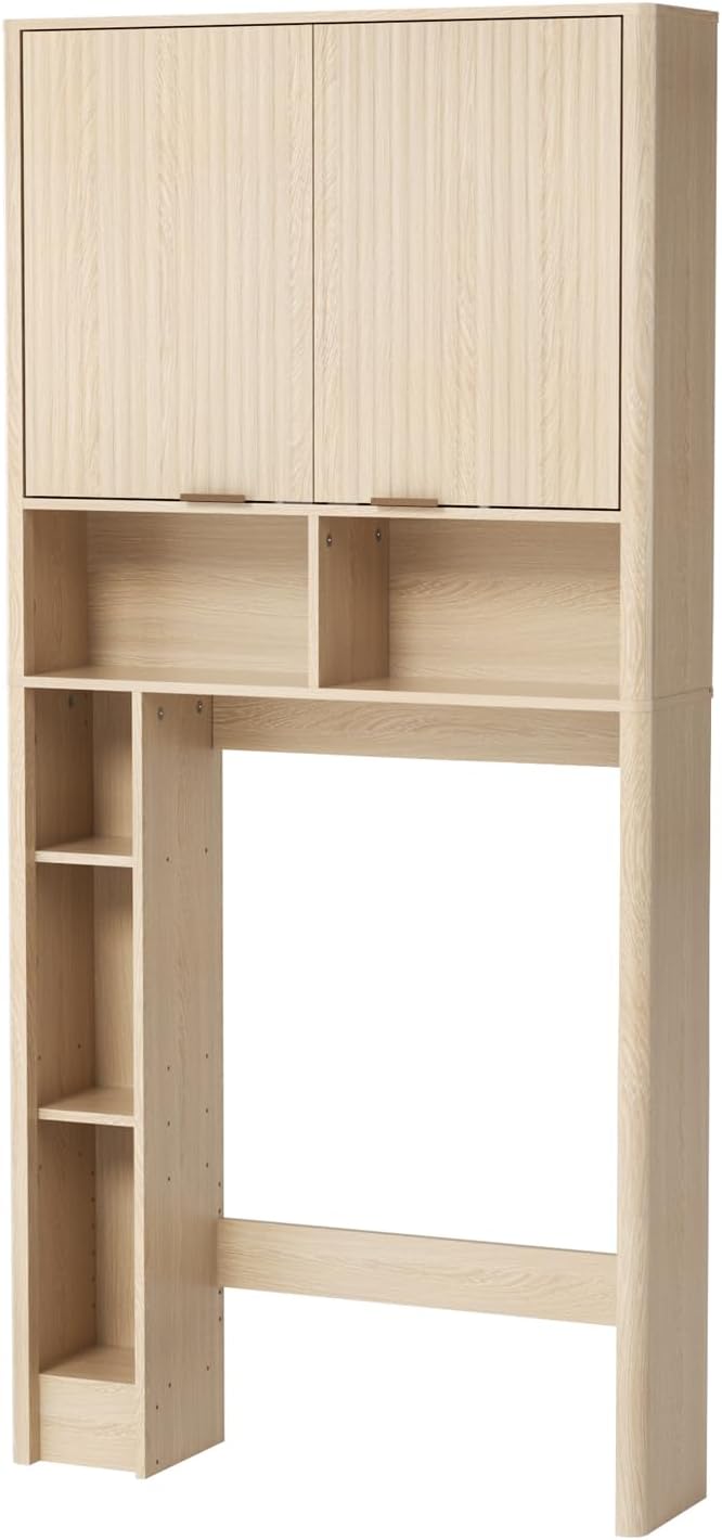 AKMAKM 31''W Over the Toilet Storage Cabinet with Fluted Door, Oak Bathroom Organizer with Adjustable Shelf, 67''H Tall Natural Toilet Paper Holder Stand Wave Door for Restroom, Laundry Room