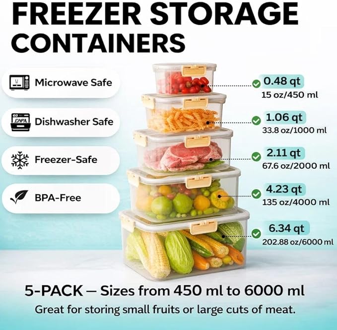 Fruit Containers for Fridge Keep Fresh, 5-Pack Food Storage Containers with Lids, Meal Prep Containers, Fridge Storage with Removable Colander, Microwave & Dishwasher Safe (Cream)