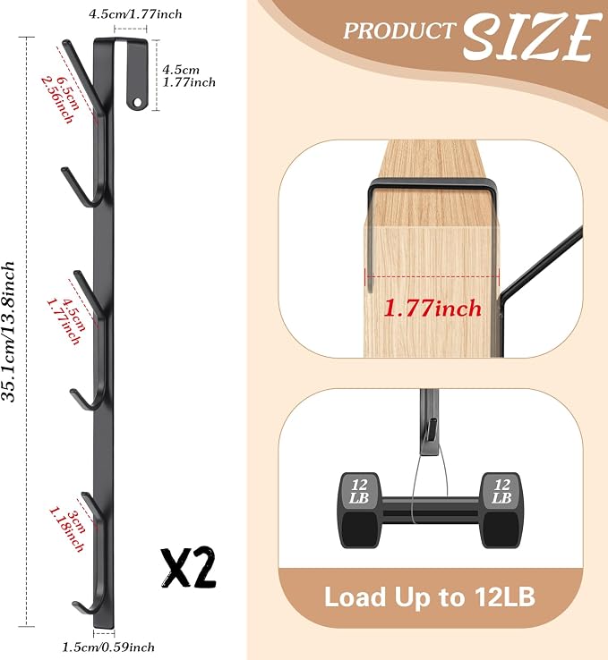 Tandefio 2 Pack 13.8" Over The Door Hook Hanger Comes with 6 Hooks from Large to Small Metal Extra Long Over The Door Hooks Hanger for Hats Rack Coat Scarf Purse Bags Scarf Keys and More (Black)