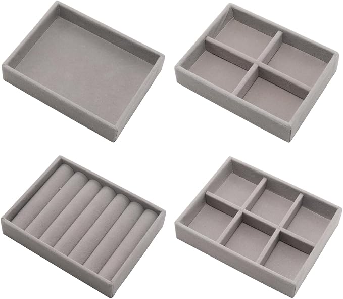 Small Jewelry Tray Set 4 Pcs Grey Velvet Stackable Jewelry Organizer Tray Mini Jewelry Drawer Organizer for Necklace Ring Earrings Jewelry (4 Styles)